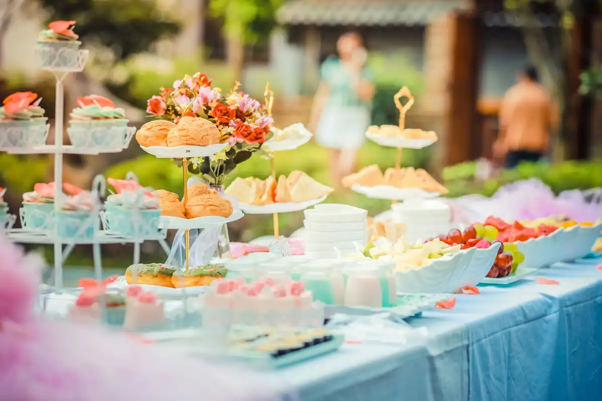 Tables with food at NYC wedding